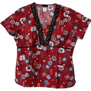 091025 - 100% Cotton Red Floral Scrub Top